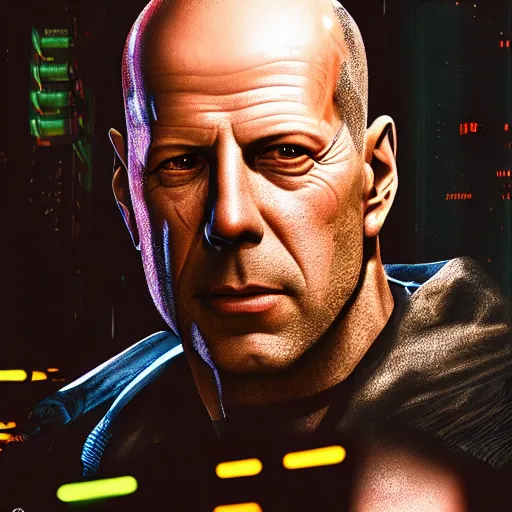 Image similar to bruce willis portrait, cyberpunk 2 0 7 7, cyberpsycho, photorealistic, ultra detailed, neon, octane, bokeh, cyber, cyberpunk city, feature, scars, cyberface, 8 k