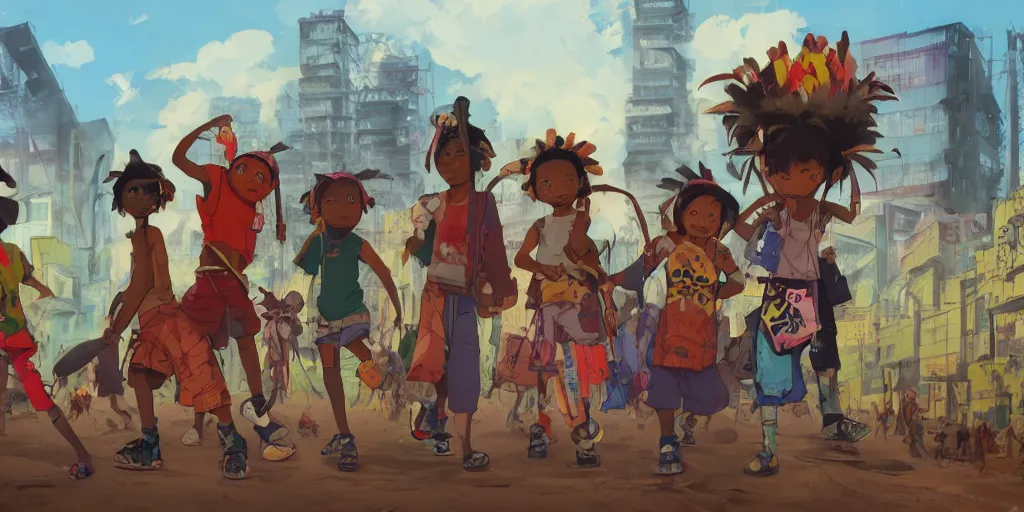 Prompt: a film still from Tekkonkinkreet, four kids wearing African tribal masks with graffiti war paint stand together in an open field in the middle of an African favela , 2d game fanart behance hd anime key art by Jesper Ejsing, RHADS, Makoto Shinkai and Lois van baarle, ilya kuvshinov, rossdraws global illumination, muted red and grey