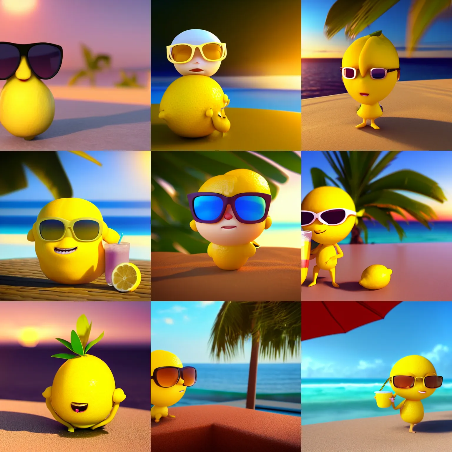 Prompt: 3 d octane render of a chibi lemon character sipping on a delicous caribbean drink wearing sunglasses relaxing on a tropical beach at sunrise