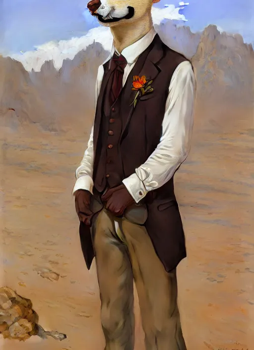 Image similar to Character portrait of a happy furry anthro stoat wearing a white dress shirt, tan vest, red bowtie, and black slacks in the desert wilderness, intricate, elegant, highly detailed, digital painting, artstation, concept art, smooth, sharp focus, illustration, art by Krenz Cushart and Artem Demura and alphonse mucha