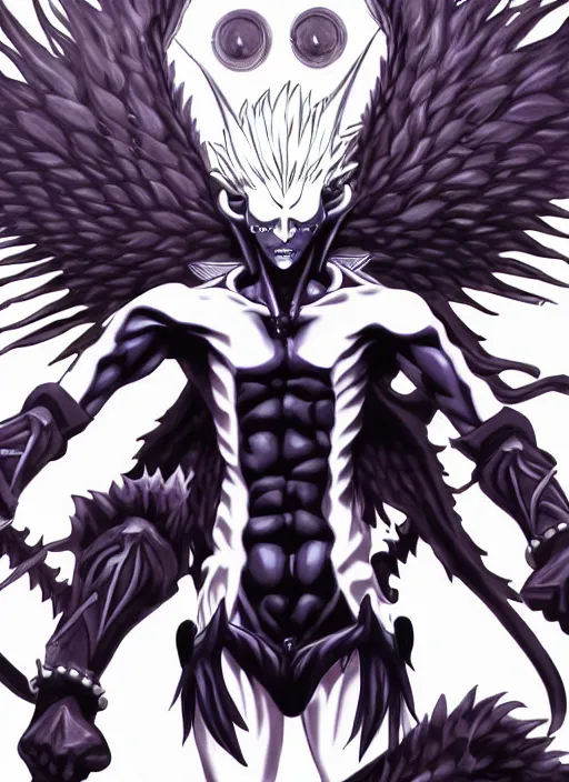 Prompt: shin megami tensei art of a demon called gigachad, art by kazuma kaneko, demonic! compedium!, law aligned, digital drawing, white background, very high quality, very highly detailed