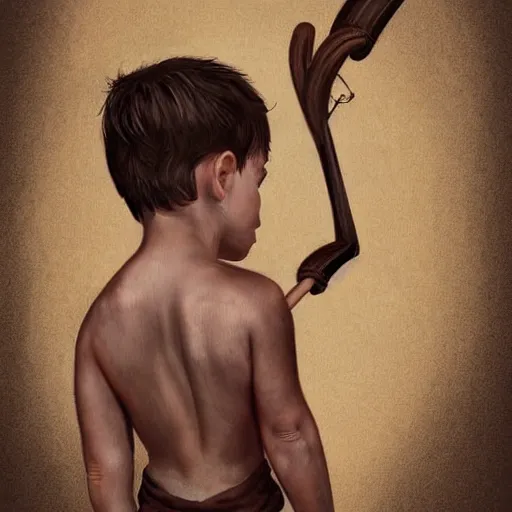 Image similar to highly realistic full body art, boy with brown hair and brown eyes, a wooden bow on his back, highly detailed and intricate, concept art illustration