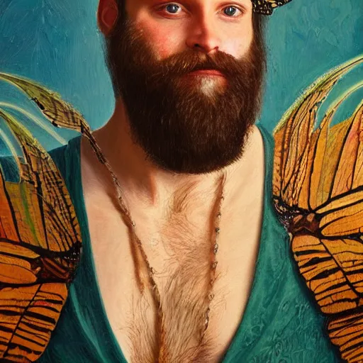 Prompt: portrait of a man with a beard made of butterfly wings, oil painting, epic lighting, art nouveau