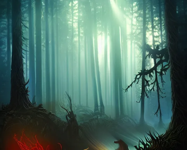 Prompt: dark twisted forest with god rays at sunset, deep focus, d & d, fantasy, intricate, elegant, highly detailed, digital painting, artstation, concept art, matte, sharp focus, illustration, hearthstone,