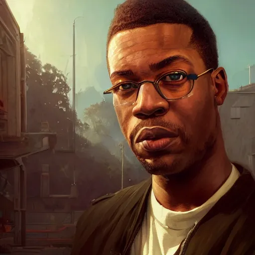 Image similar to highly detailed portrait, young man carl johnson cj, in gta v, stephen bliss, unreal engine, fantasy art by greg rutkowski, loish, rhads, ferdinand knab, makoto shinkai and lois van baarle, ilya kuvshinov, rossdraws, tom bagshaw, global illumination, radiant light, detailed and intricate environment