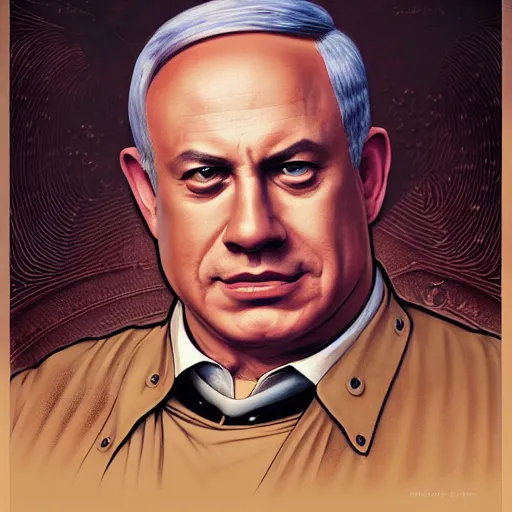 Prompt: benjamin netanyahu as vladimir harkonnen, dune, portrait, intricate, elegant, highly detailed, digital painting, artstation, concept art, wallpaper, smooth, sharp focus, illustration, art by h. r. giger and artgerm and greg rutkowski and alphonse mucha