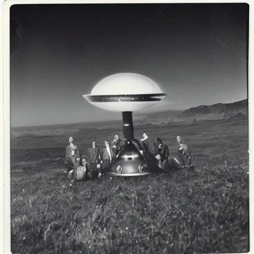 Image similar to polaroid photograph of aliens visiting earth, 1 9 5 0