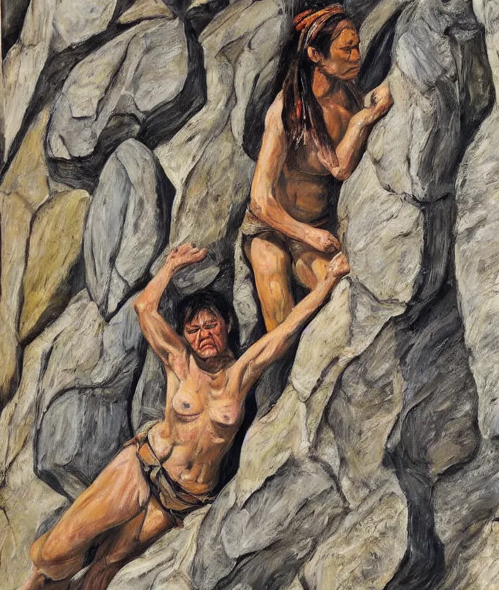 Prompt: indigenous woman climbing rocks, painted by lucian freud, hd, super detailed, realistic, muted colors