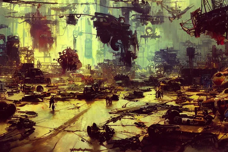 Image similar to junkyard interior, intricate, elegant, highly detailed, vivid colors, john harris, frazetta, tyrus wong, ruan jia, jeffrey catherine jones