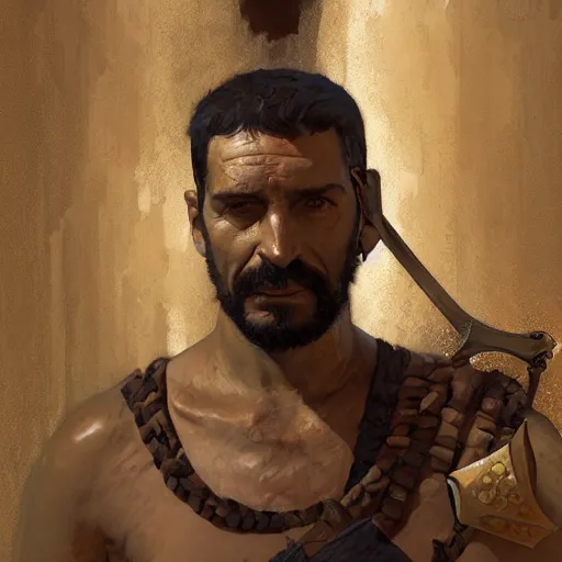 Image similar to a scrappy bronze age thief man, ancient mesopotamia, hiding, opportunistic expression, sword and sandal character portrait by nasreddine dinet ilya kuvshinov, craig mullins, edgar maxence, alphonse mucha