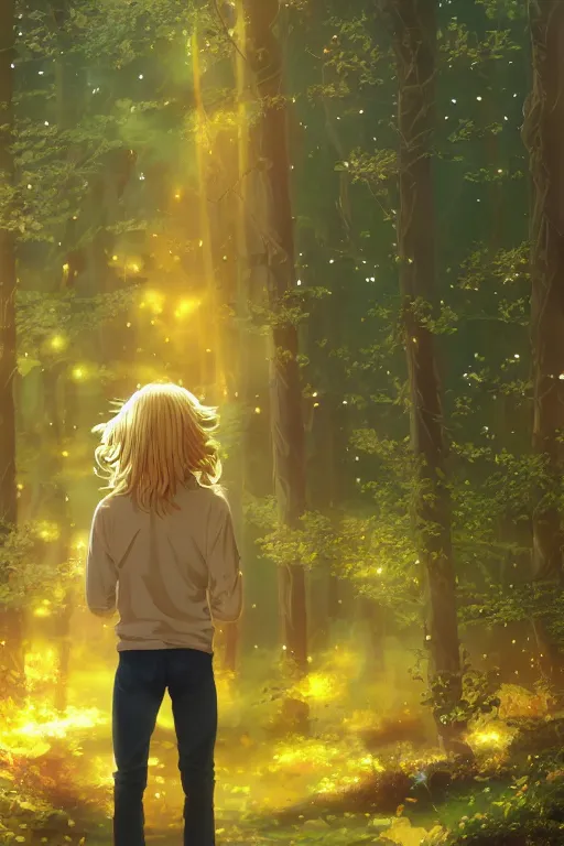 Prompt: pretty young man with long golden blond hair made of shiny and sparkling gold, demure, slender, back view, lost, trees, detailed forest background, webtoon, breathtaking scenery, colourful, 8 k, graphic novel, digital art trending on artstation, volumetric lighting, octane render, cinematic, hyper detailed, magical atmosphere, magical forest, anime