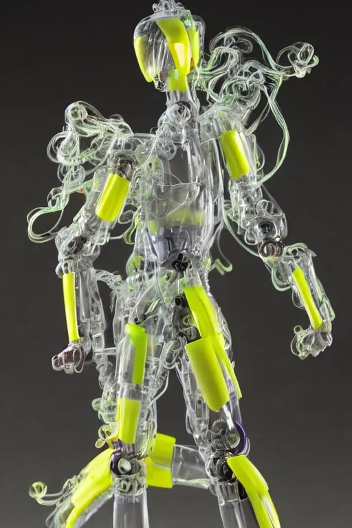 Image similar to a intricate anime figurine that looks like a transparent plastic robot with a lot of fluo colored details with yellow smoke, moody light, flemish painting