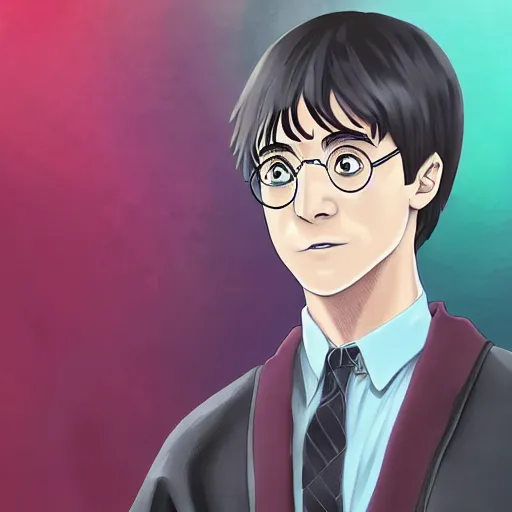 Image similar to portrait of harry potter in anime style, highly detailed, centered, solid color background, digital painting