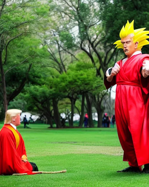 Image similar to award winning 5 5 mm portrait photo of trump as songoku, in a park. rule of thirds.