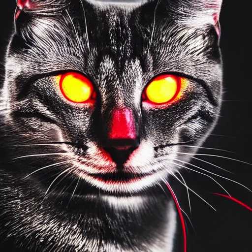 Prompt: metallic cat with red glowing eyes, dramatic lighting, studio photo, 4k, photorealistic, film grain, inspired by the terminator