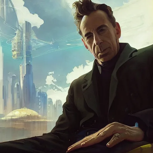 Prompt: beautiful delicate imaginative streamlined futuristic close up portrait of humphrey bogart sitting with elegant deadly looks, mechanical body on gold linings, smooth white and soft by ruan jia, tom bagshaw, alphonse mucha, krenz cushart, beautiful cyberpunk buildings in the background, epic sky, vray render, artstation, deviantart, pinterest, 5 0 0 px models