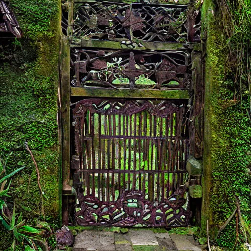 Prompt: balinese split gate. fantasy concept art. overgrown, mossy, cracked and worn