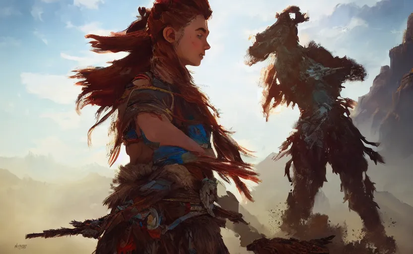 Image similar to A painting of Aloy from Horizon Zero Dawn trending on artstation in the style of Greg Rutkowski