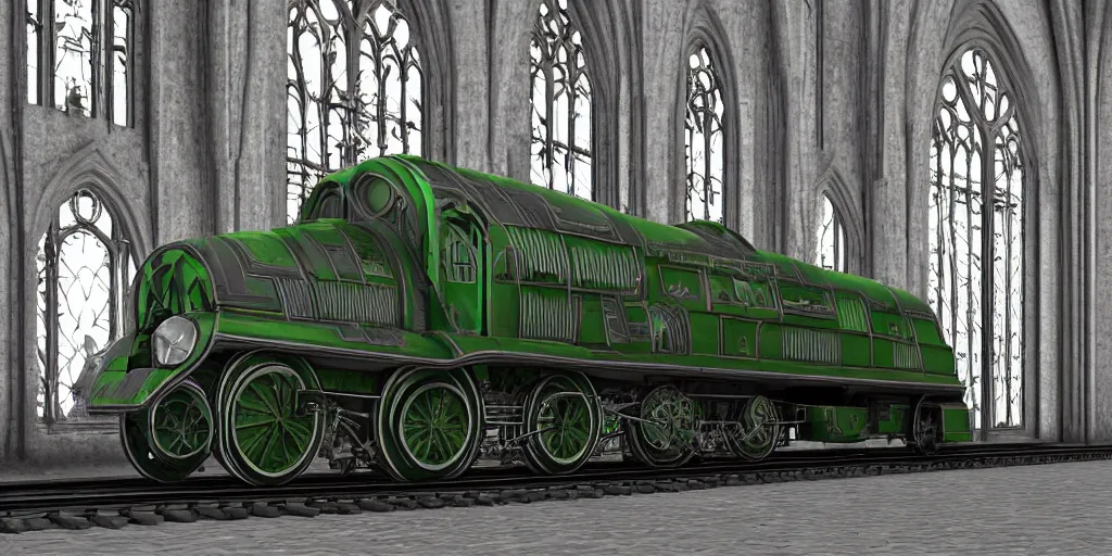 Image similar to streamline train that looks like gothic cathedral church, warhammer emperium style, gothic locomotive, conic locomotive shaped, arrow locomotive shape, armored streamline train,gothic shape patterns locomotive, train with gothic rose windows and arcades elements , hybrid between gothic and streamline style, gothic steel pattern train wheels, art Deco, retro, locomotive streamline lantern light green, octane render, diselpunk, steampunk