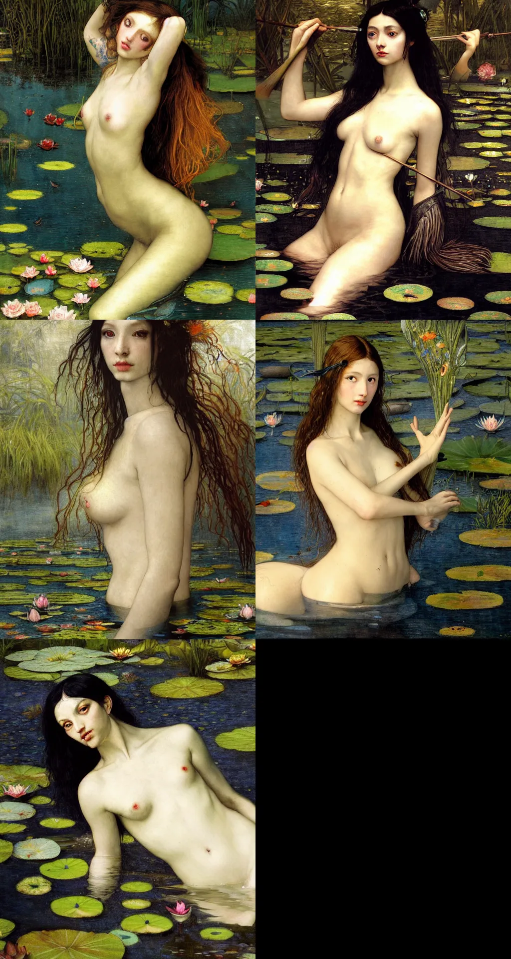 Prompt: sexy mermaid with long black hair and glowing eyes submerged in a pond with waterlilies, art by edgar maxence and caravaggio and michael whelan and delacroix style, artistic, intricate drawing, light brazen, realistic fantasy, extremely detailed and beautiful aesthetic face, 8 k resolution, dramatic lighting