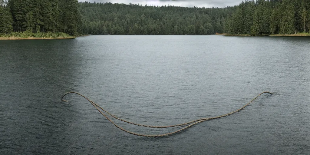 Image similar to symmetrical photograph of a very long rope on the surface of the water, the rope is snaking from the foreground stretching out towards the center of the lake, a dark lake on a cloudy day, trees in the background, anamorphic lens