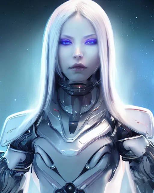 Image similar to perfect android girl on a mothership, warframe armor, beautiful face, scifi, futuristic, galaxy, nebula, raytracing, dreamy, long white hair, blue cyborg eyes, sharp focus, cinematic lighting, highly detailed, artstation, divine, by gauthier leblanc, kazuya takahashi, huifeng huang