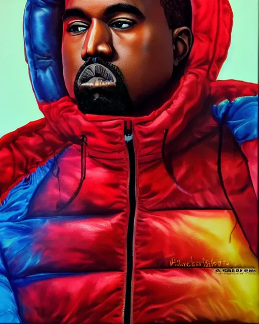 Image similar to kanye west in red puffer jacket, airbrush, drew struzan illustration art, key art, movie poster