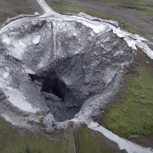 Image similar to helicopter shot of gigantic permafrost sinkhole, collapsing ground, disaster movie