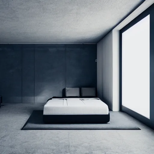 Prompt: brutalist bedroom, big windows, minimalist architecture, minimalist furniture, octane render, high quality, 8 k, post production