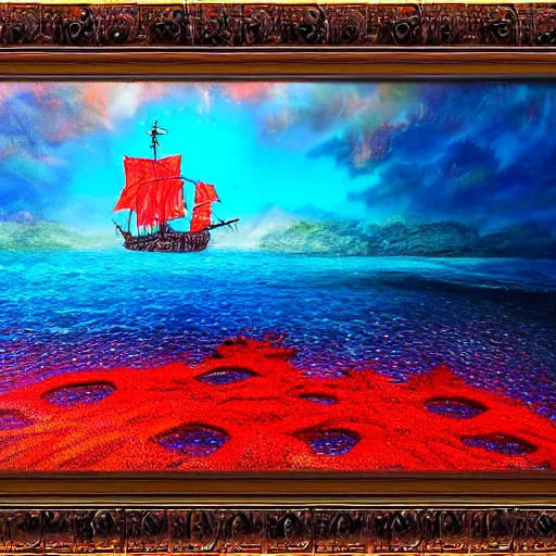 Image similar to pirate ship made of sea coral, beautiful composition, wide angle, colorful, cinematic, volumetric lighting, intricate details painting