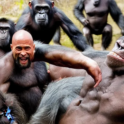 Prompt: Dwayne Johnson killed by herd of pissed off chimpanzees holding spears