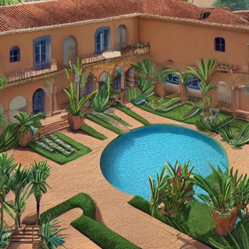 Prompt: arriving into a mediterranean courtyard with a palm tree and pool in the center, digital illustration, 8 k by moebius