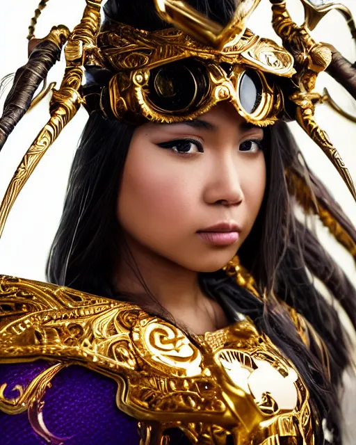 Prompt: a beautiful close up photo of a Filipina female with long hair and purple eyes, no helmet, wearing leather and gold futuristic steampunk armor, with ornate rune carvings and glowing lining, very detailed, shot in canon 50mm f/1.2