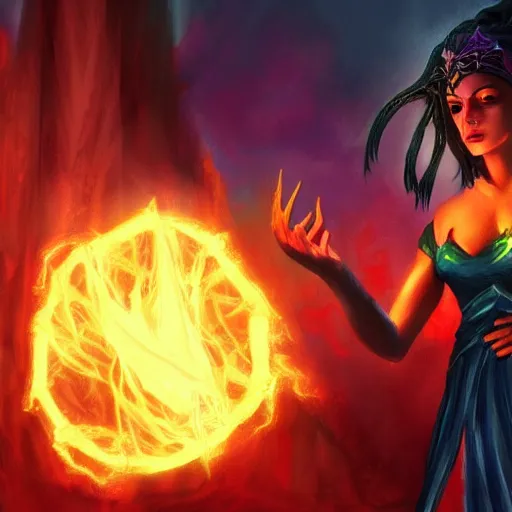 Prompt: Sorceress casting a fireball spell, digital painting, artstation, Magic The Gathering card illustration