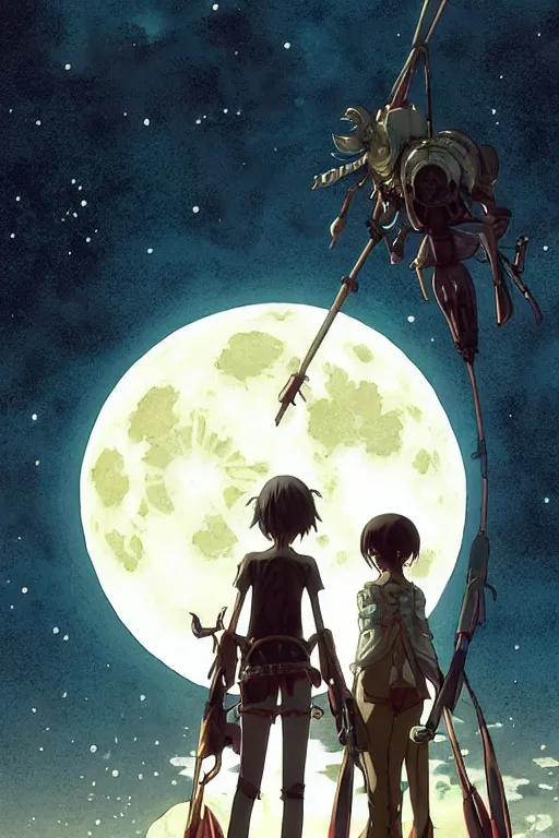 Image similar to a full moon containing the blood and battle glimmering stairways to otherworldly galaxies, high intricate details, rule of thirds, golden ratio, cinematic light, anime style, graphic novel by fiona staples and dustin nguyen, by beaststars and orange, peter elson, alan bean, studio ghibli, makoto shinkai