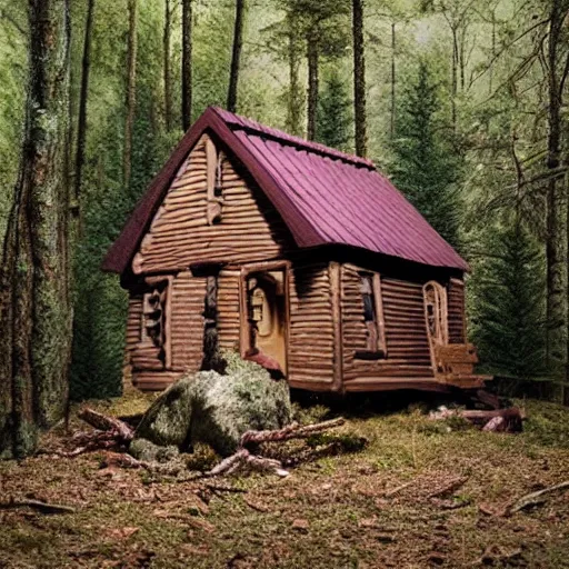 Prompt: a Eerie cabin in the middle of the woods in the style of claymation