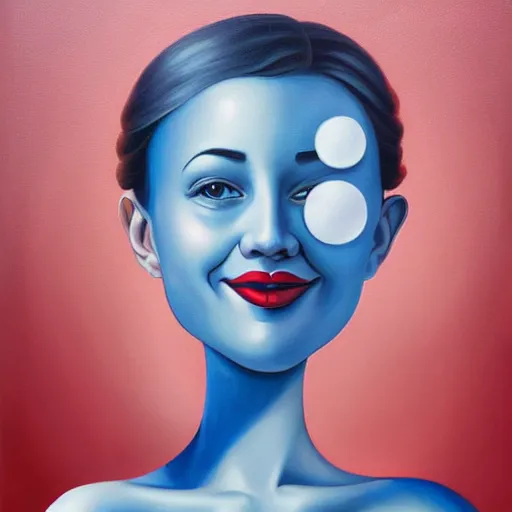 Image similar to a painting of a happy woman, an ultrafine detailed painting by rafal olbinski, behance contest winner, pop surrealism, detailed painting, very detailed, minimalist, skeuomorphic, airbrush art