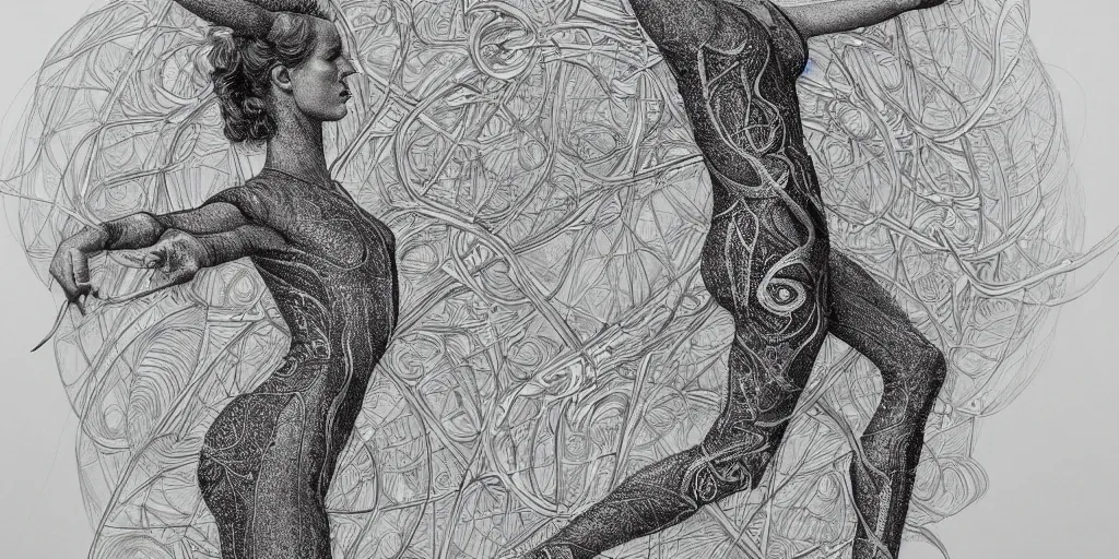 Image similar to hyper detailed bw linear pencil drawing, woman ballet dancer, organic symmetric shapes by ernst haeckel