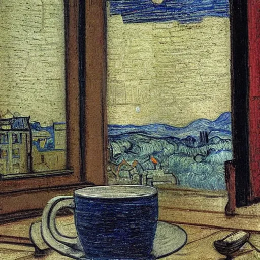 Prompt: a pencil with a broken lead, by leonardo da vinci. a cup of coffee on a table, by vincent van gogh. a painting of a cityscape, by piet mondrian.