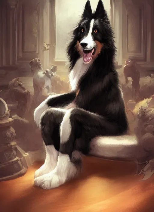 Image similar to wide angle beautiful full body portrait of a strong male anthropomorphic anthro border collie fursona sitting in a parlor room, character design by charlie bowater, henry asencio, and ross tran, disney, scenic background, detailed, aesthetic, trending on artstation, furaffinity, deviantart