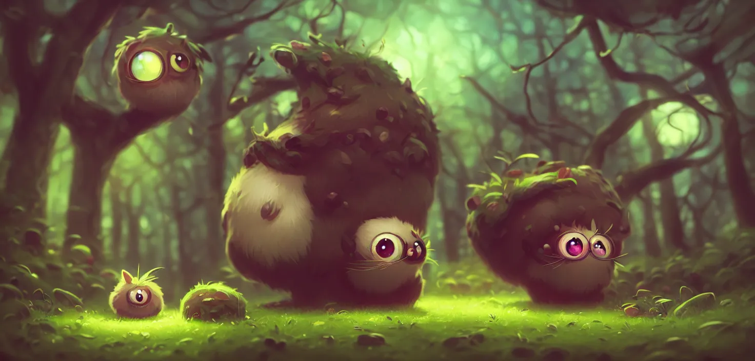 Prompt: cute friendly fluffy ball with huge beauty big eyes appearing from the forest, in the style of craola, shallow depth of field, highly detailed, digital painting, trending artstation, concept art, illustration, cinematic lighting, vibrant colors, photorealism, epic, octane render