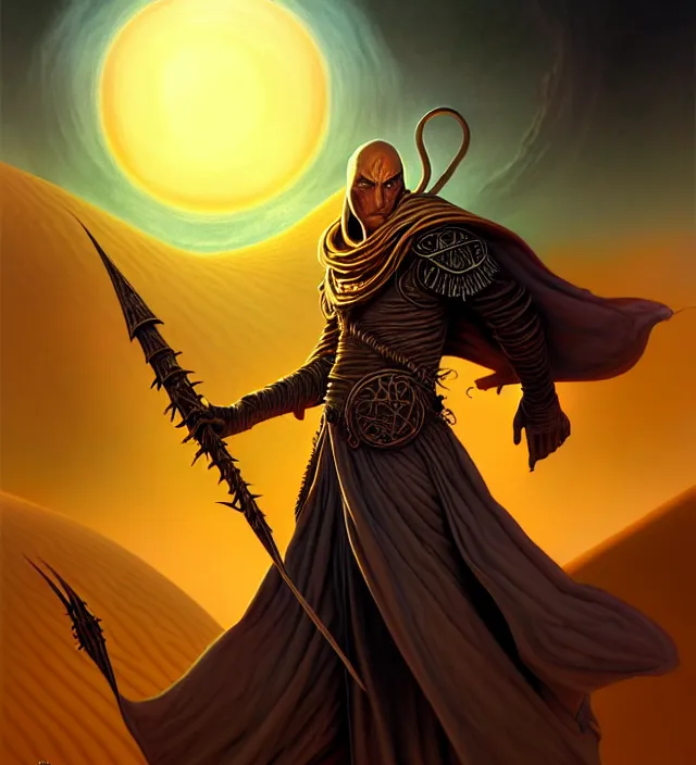 Prompt: a defiler wizard upon the dunes, the dark sun of athas,'dark sun'- campaign setting, brom's dark sun art on a 7 0's style fantasy novel cover, digital painting by brom, amazingly detailed d & d art, concept art, intricate details, beautiful, volumetric lighting, ultrarealistic, cgsociety, artstation