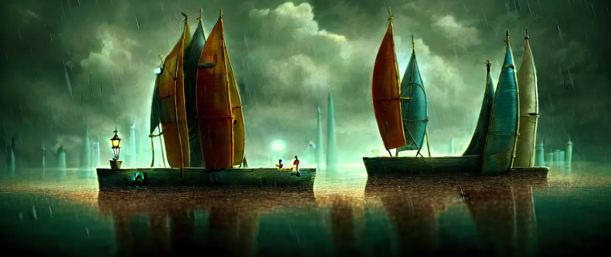 Image similar to cruising ship sailing at miniature megalopolis future, raining night at flooded miniature city, nice huge insane godrays, god helping mystic soul by, gediminas pranckevicius