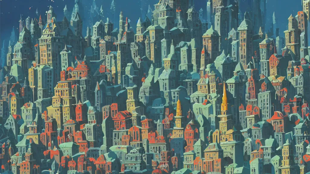 Image similar to city with buildings made entirely of decorated cakes, icing, gouache, ghibli animated film, stylised, illustration, by eyvind earle, scott wills, genndy tartakovski