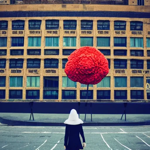 Image similar to giant flower head, woman walking through city, surreal photography, cinematic, blue sky, symmetry, detailed, retro, wes anderson