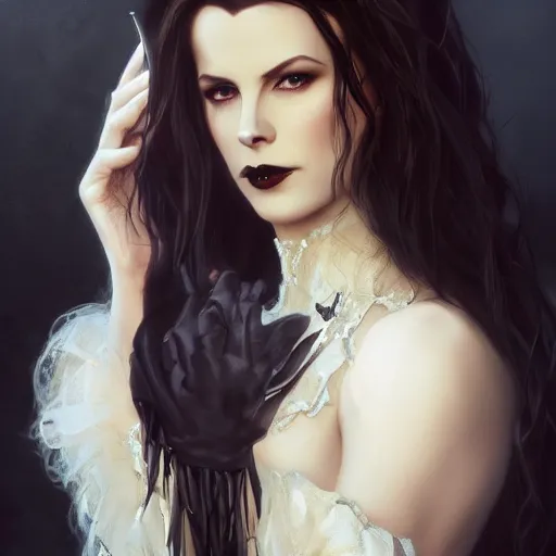 Image similar to the ultimate vampire, kate beckinsale, smokey eyes, gothic, large flared gothic dress, trending on / r / moreplatesmoredates, oil on canvas artstation by j. c. leyendecker and edmund blair leighton and charlie bowater octane render