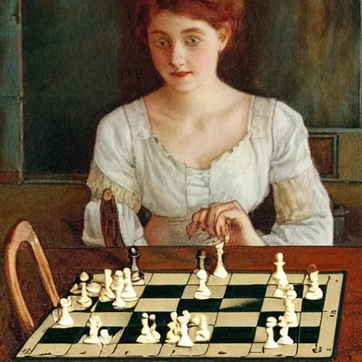 Image similar to a young edwardian woman playing chess against a rabbit, in the style of Carl Larsson