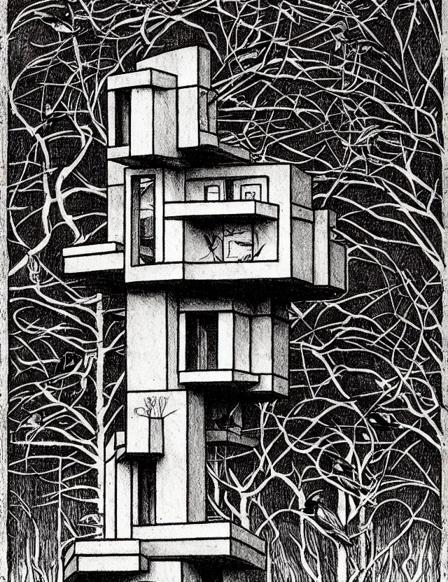 Prompt: detailed illustration of a frank lloyd wright inspired birdhouse, in the style of albrecht durer, with crows, intricate, moody, on paper