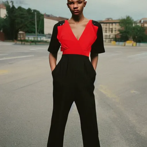 Image similar to realistic photoshooting for a new balenciaga lookbook, color film photography, portrait of a beautiful woman, woman is wearing a jumpsuit, in style of Tyler Mitchell, 35mm,