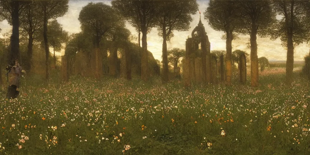 Image similar to a recursive cathedral made of mirrors within a wildflower meadow at dawn, infinite regress, droste effect, in the style of alma tadema